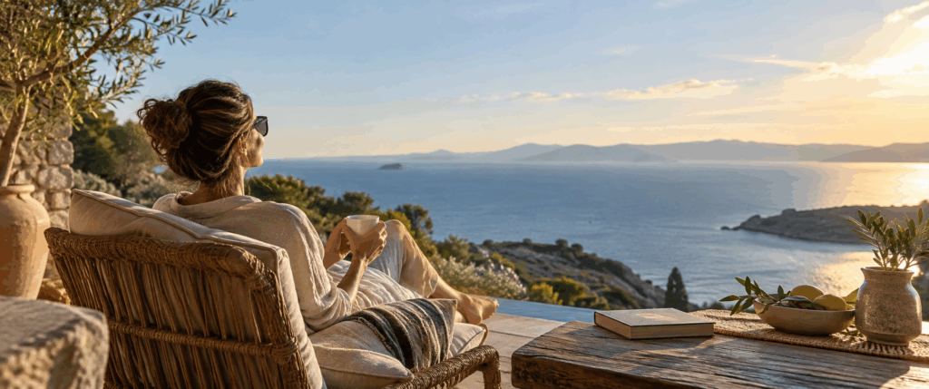 Mujer descansando en una terraza frente al mar durante unas vacaciones para recargar energía.